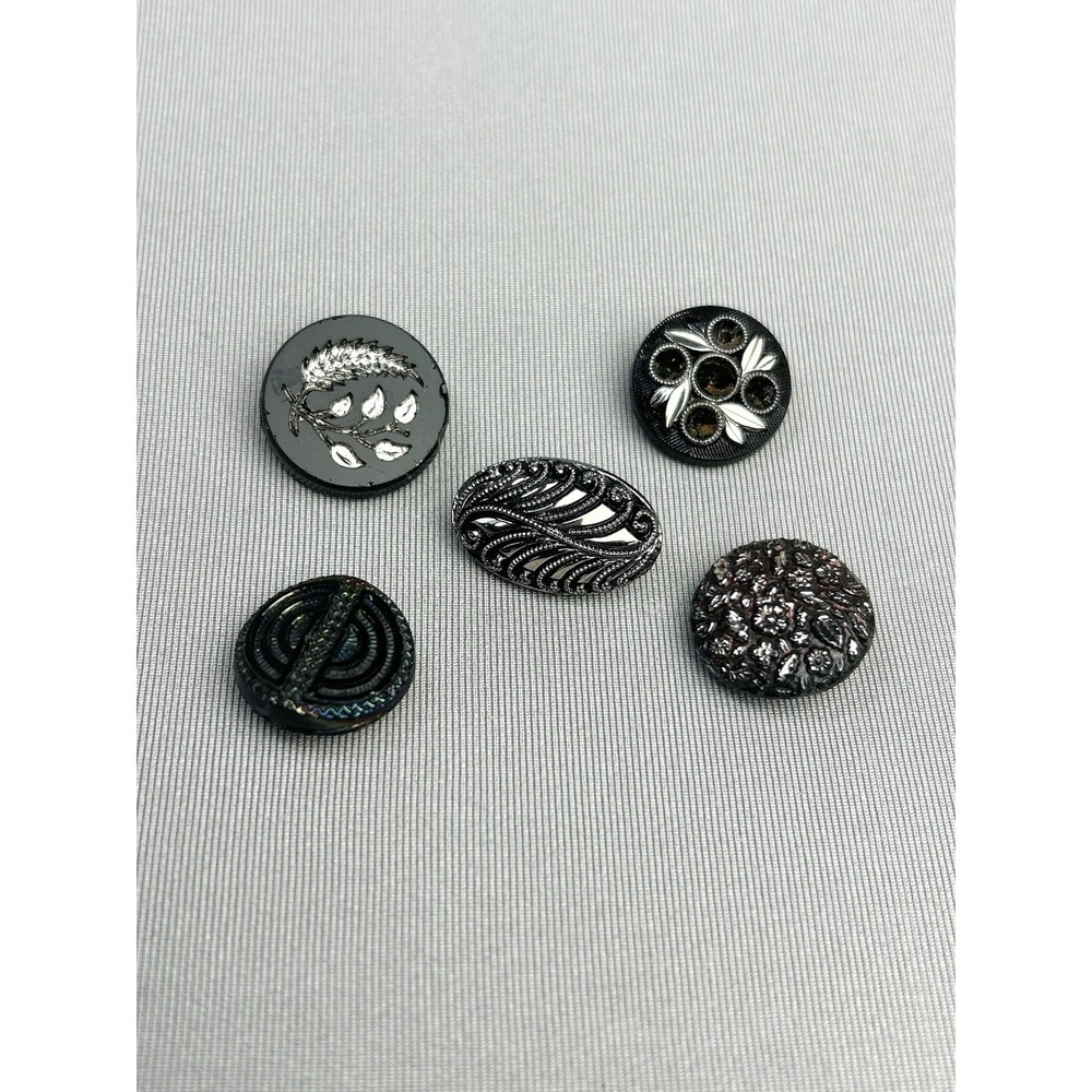 Vintage Black Glass Silver & Gold Tone Trim Small Glass Buttons Lot Of 5